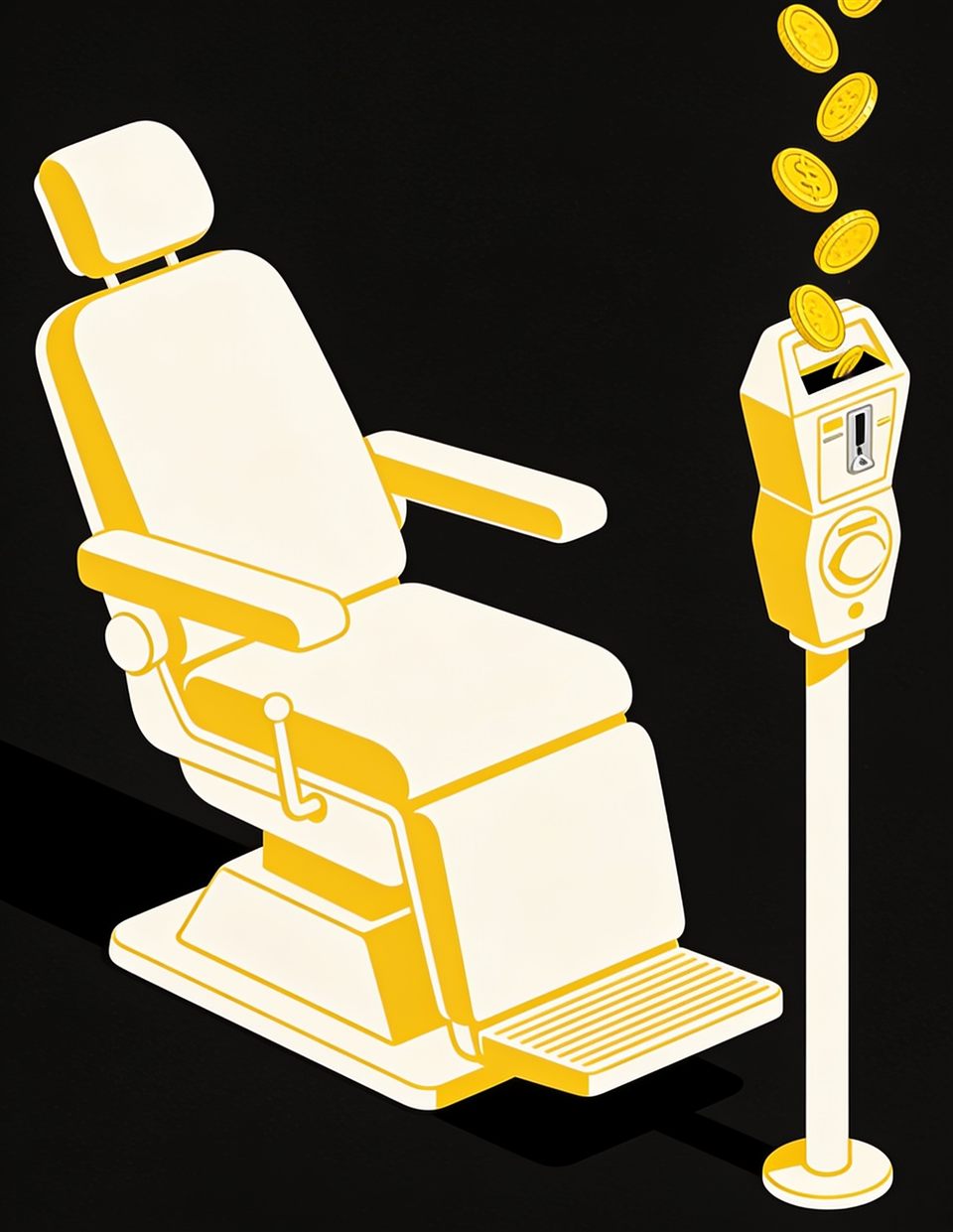 Illustration of a dental chair with a parking meter beside it collecting coins