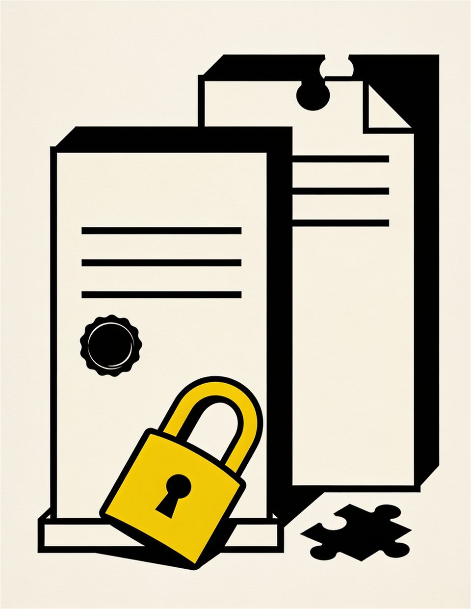 Illustration of a complete deed document with an open yellow padlock, next to a second deed missing a puzzle piece from its corner