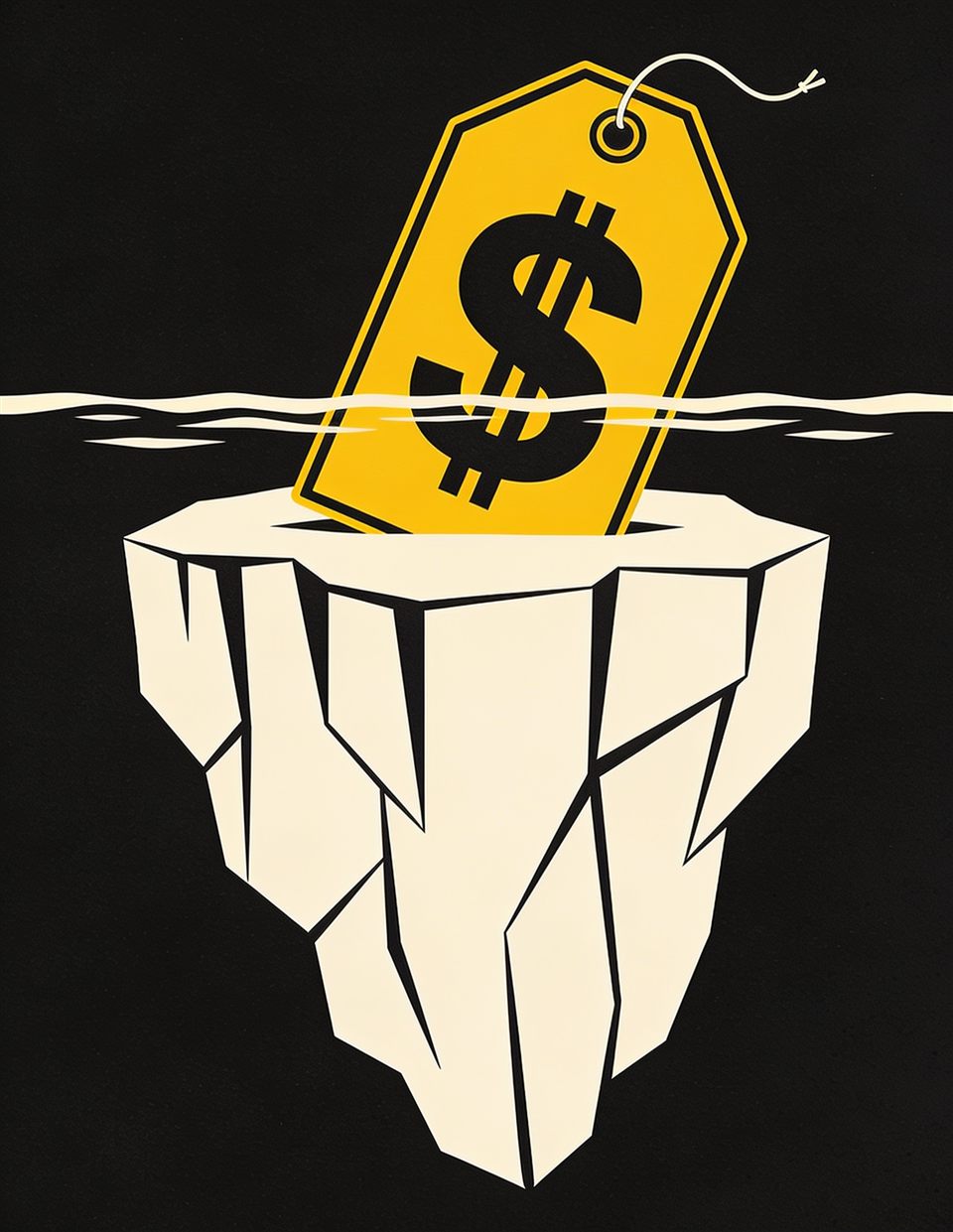Illustration of a yellow price tag floating on a water line with a huge iceberg of cost hanging beneath it