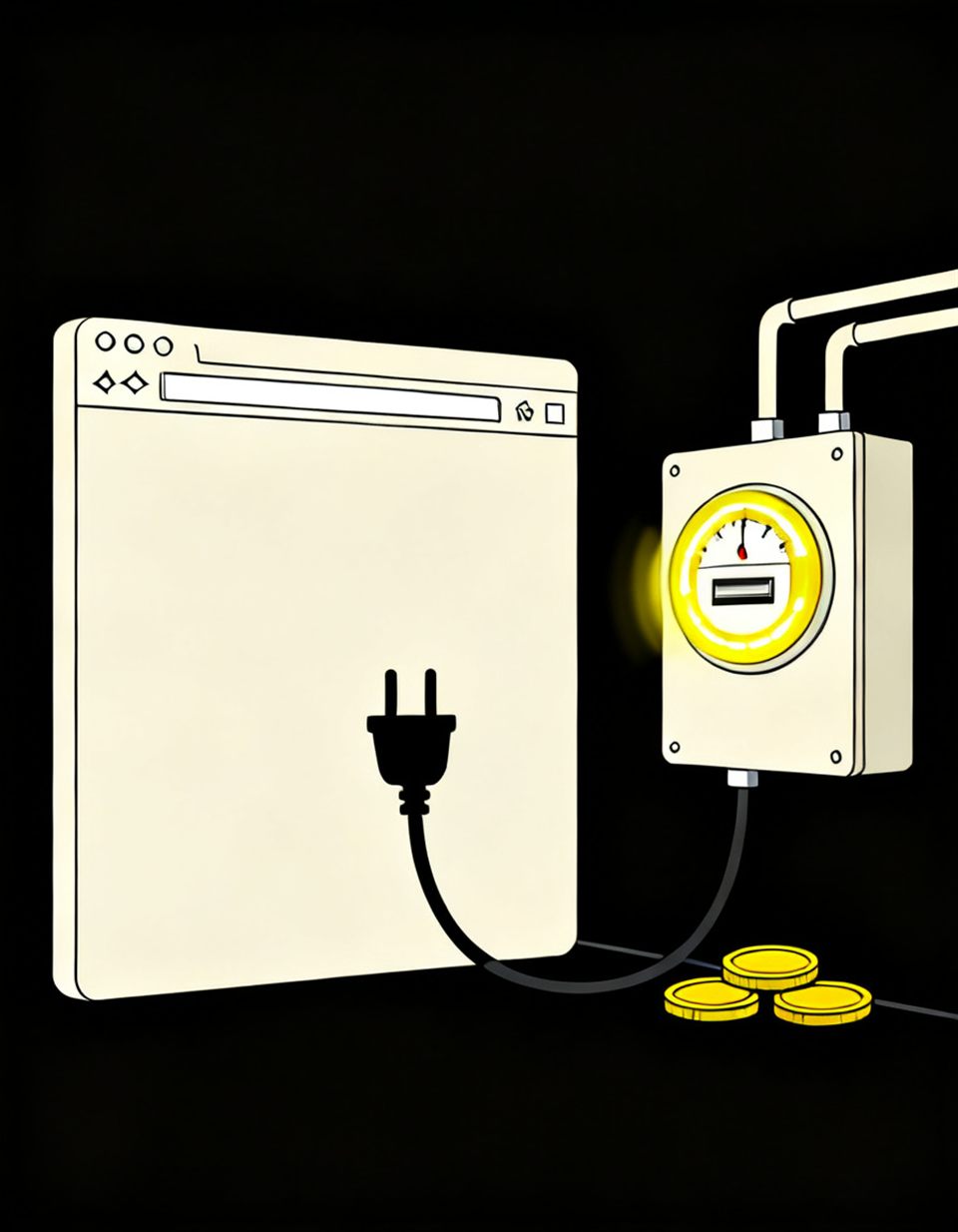 Illustration of a browser window plugged by a cord into a wall electricity meter with the dial glowing yellow