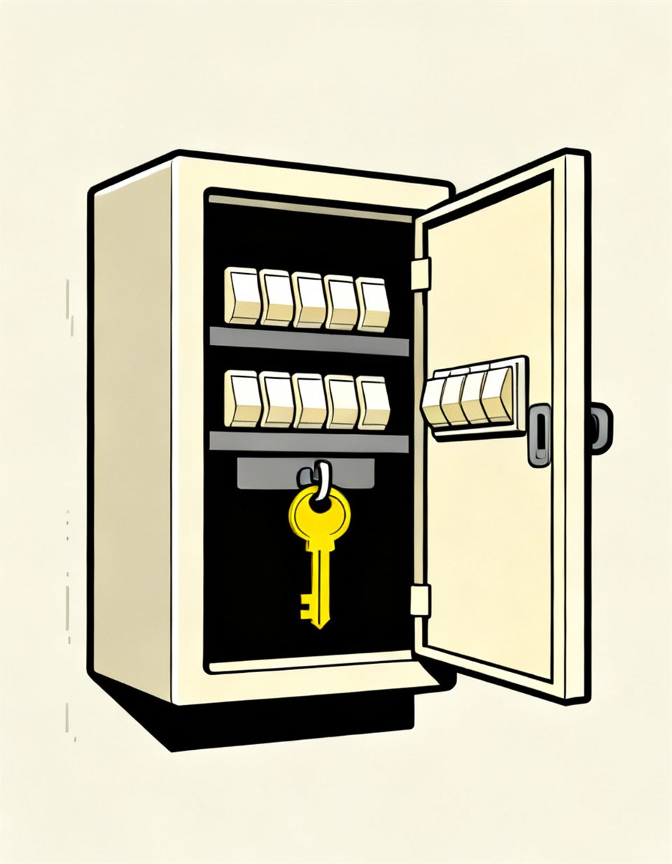 Illustration of an open electrical breaker panel with a yellow key hanging on a hook inside