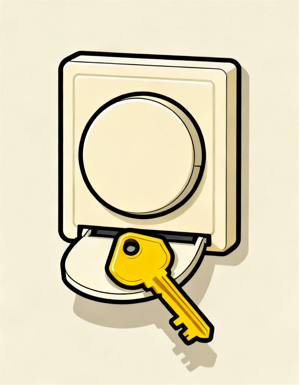 Illustration of a round wall thermostat with its cover open revealing a bright yellow key inside