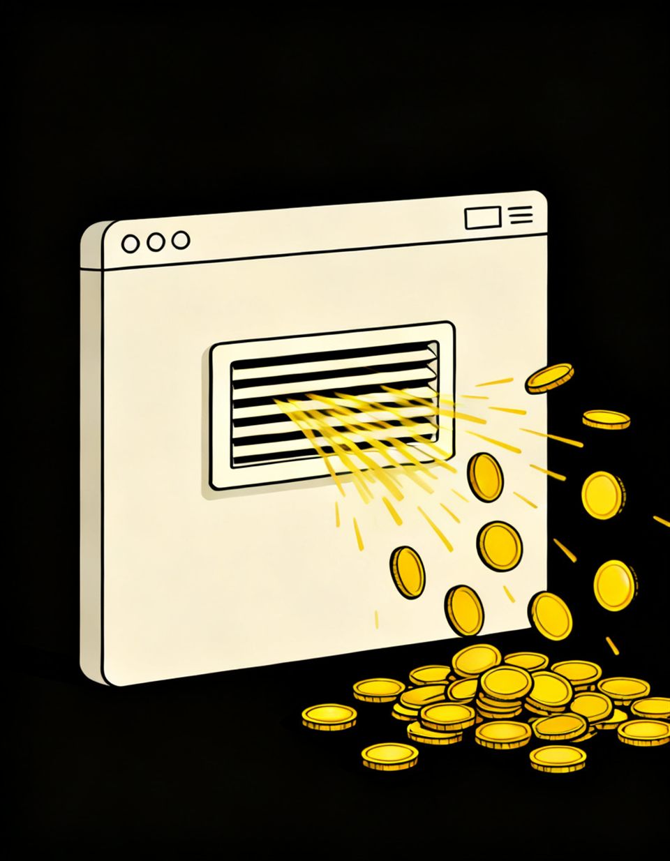 Illustration of a browser window with an air vent register and yellow coins blowing out of the louvers