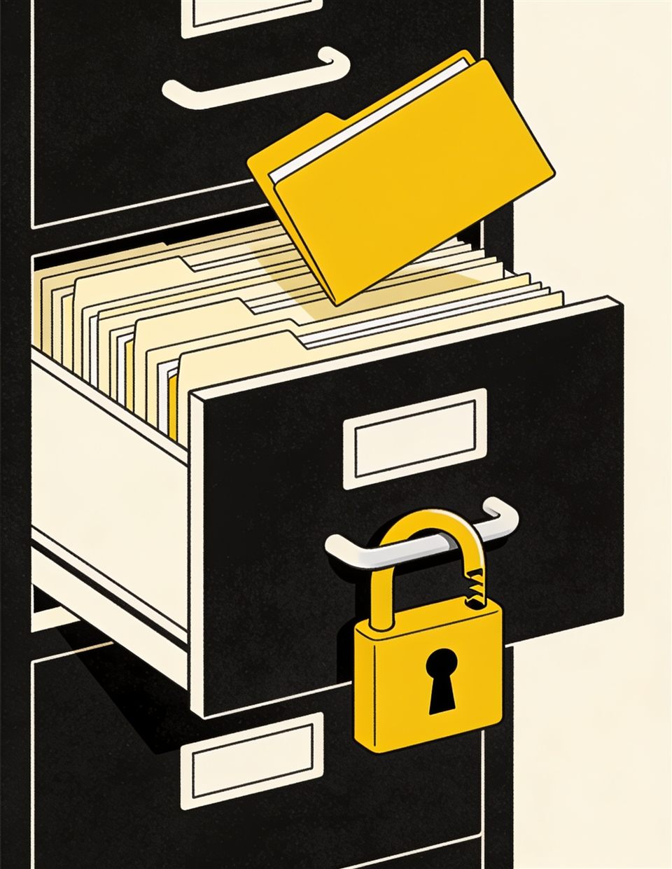 Illustration of an open filing cabinet with an unlocked padlock on the handle and a yellow folder lifting freely out of the drawer