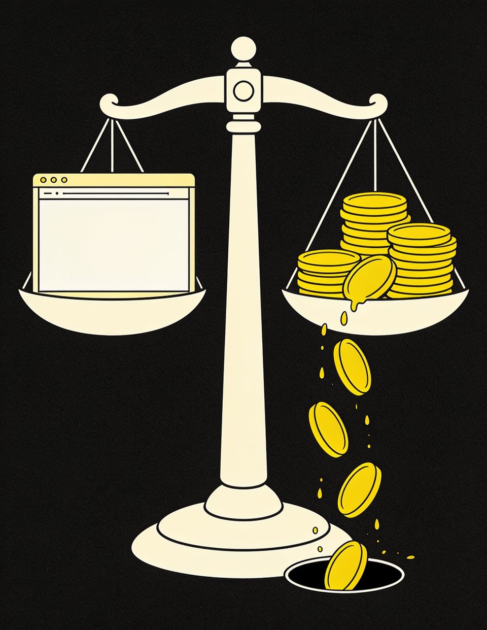 Illustration of a scale of justice weighing a browser window against a stack of coins draining away through a hole in the pan