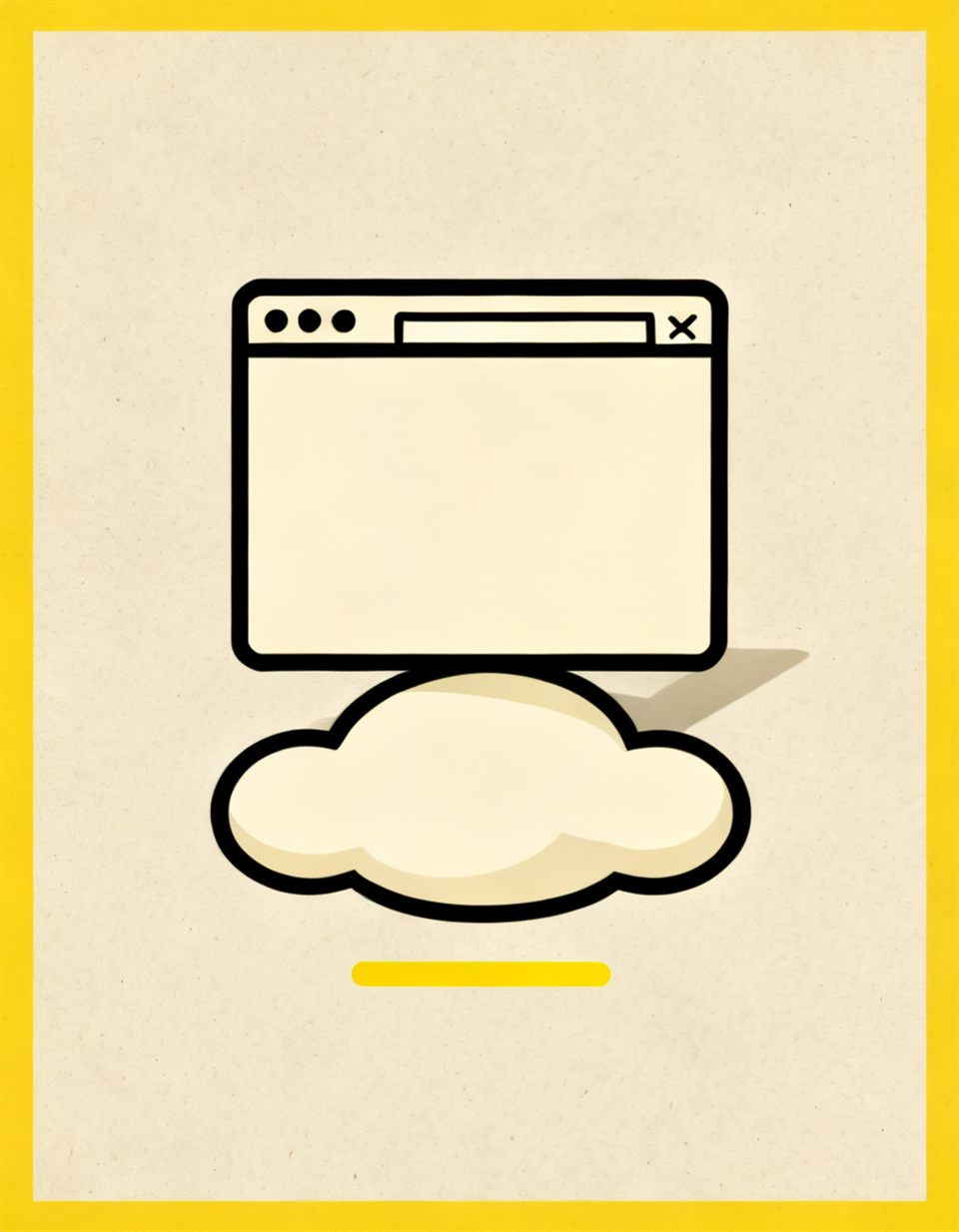Illustration of a browser window resting weightlessly on a small cream cloud with a yellow accent line