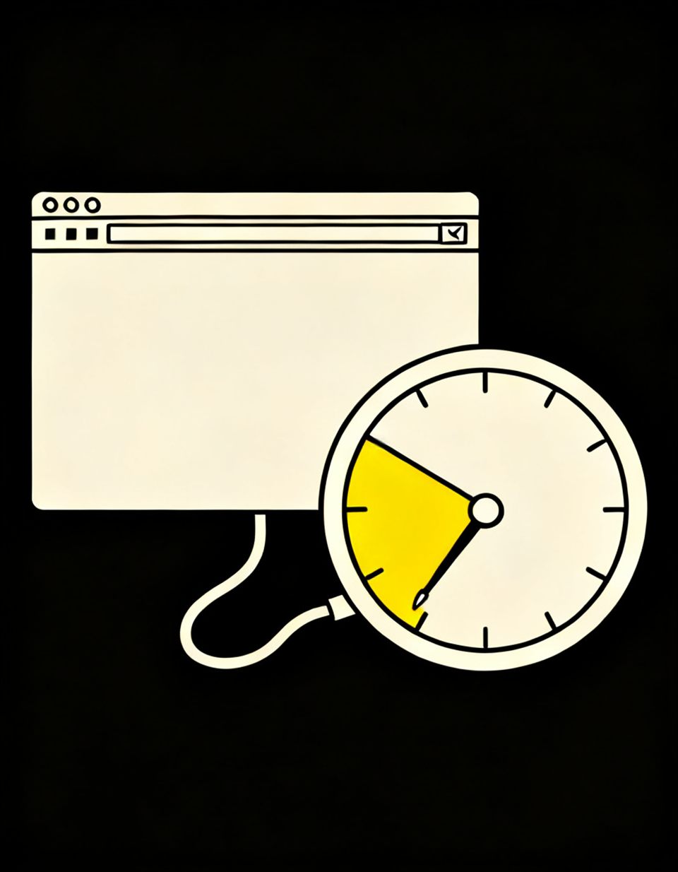 Illustration of a browser window wired to a round gauge with its needle pinned to the far left rest position in a yellow zone