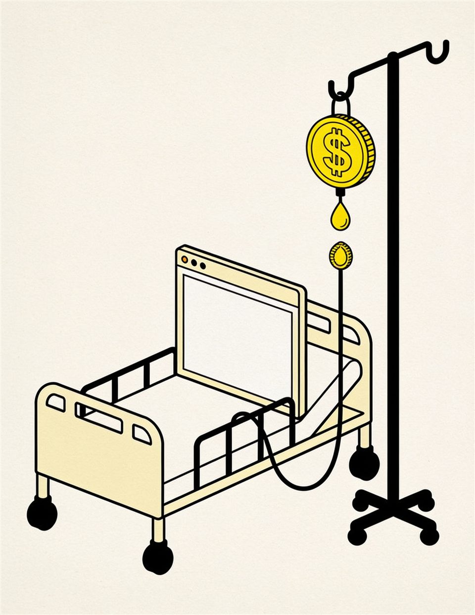 Illustration of a browser window in a hospital bed kept alive by an IV drip stand that holds a coin instead of a fluid bag