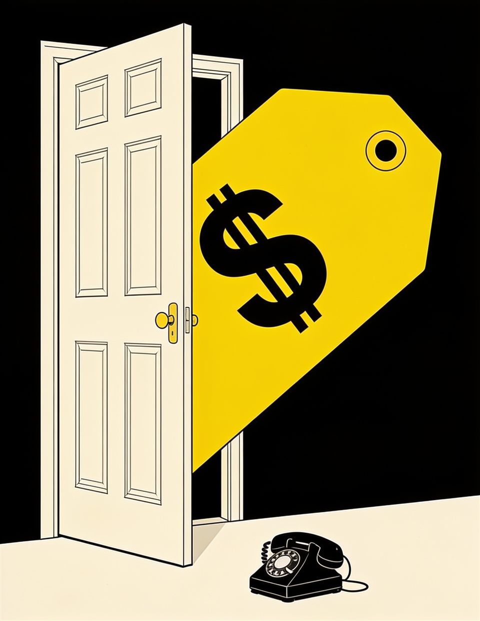 Illustration of a large price tag hidden behind a barely open door, with a telephone waiting in front of it
