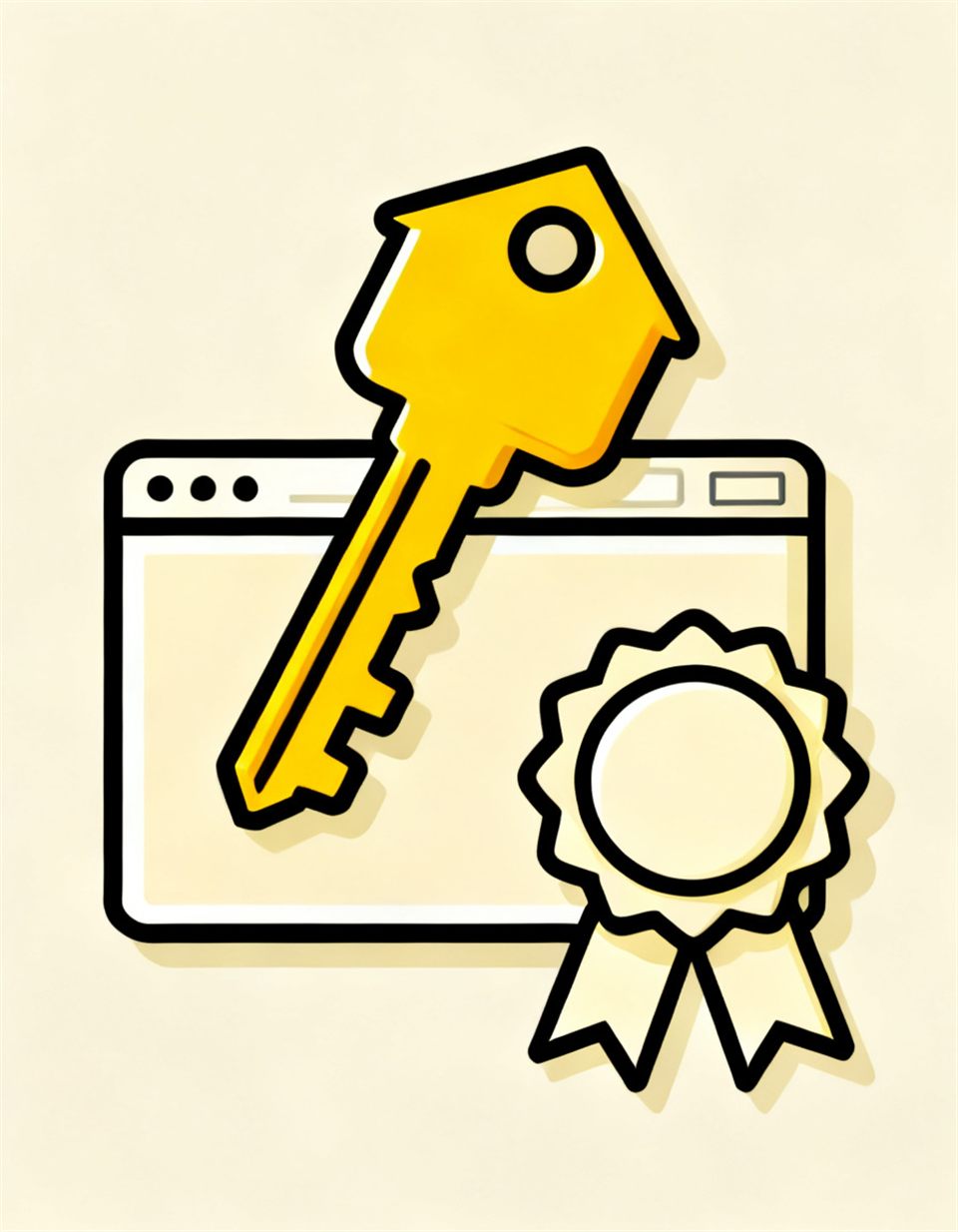 Illustration of a browser window lying flat with a yellow key on top and a blank ribbon seal beside it