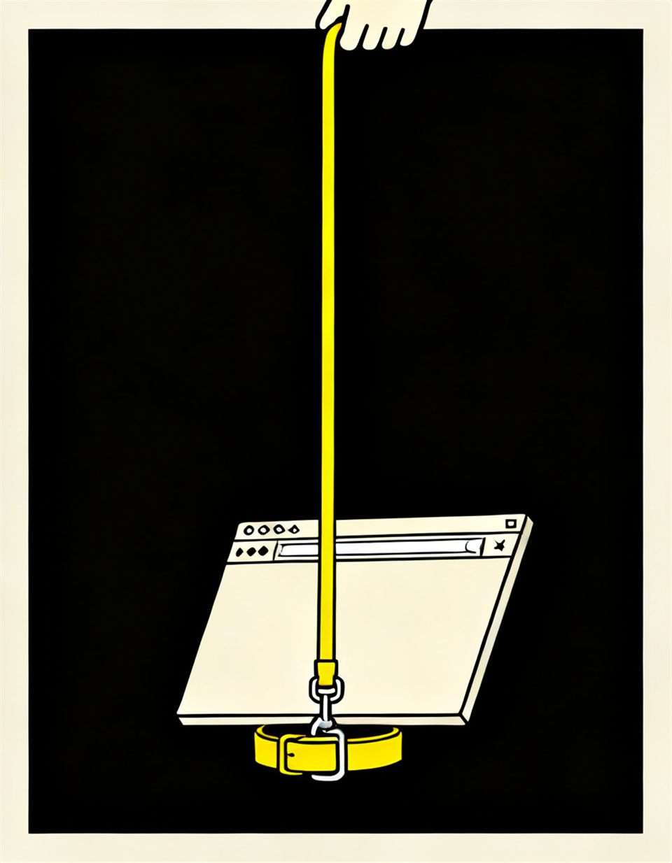 Illustration of a browser window on a yellow leash and collar held by an unseen hand above