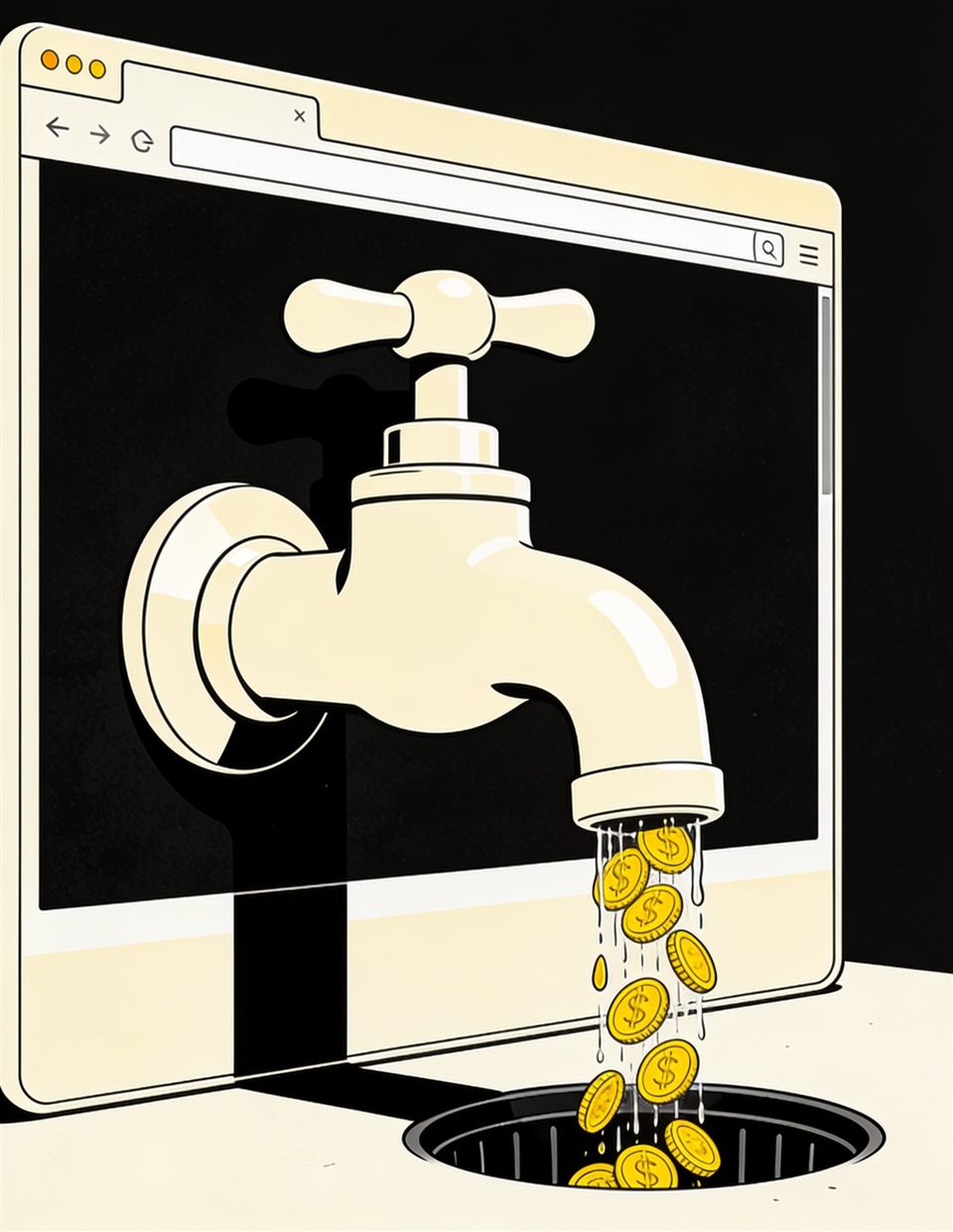 Illustration of a tap mounted on a browser window dripping coins into an open drain