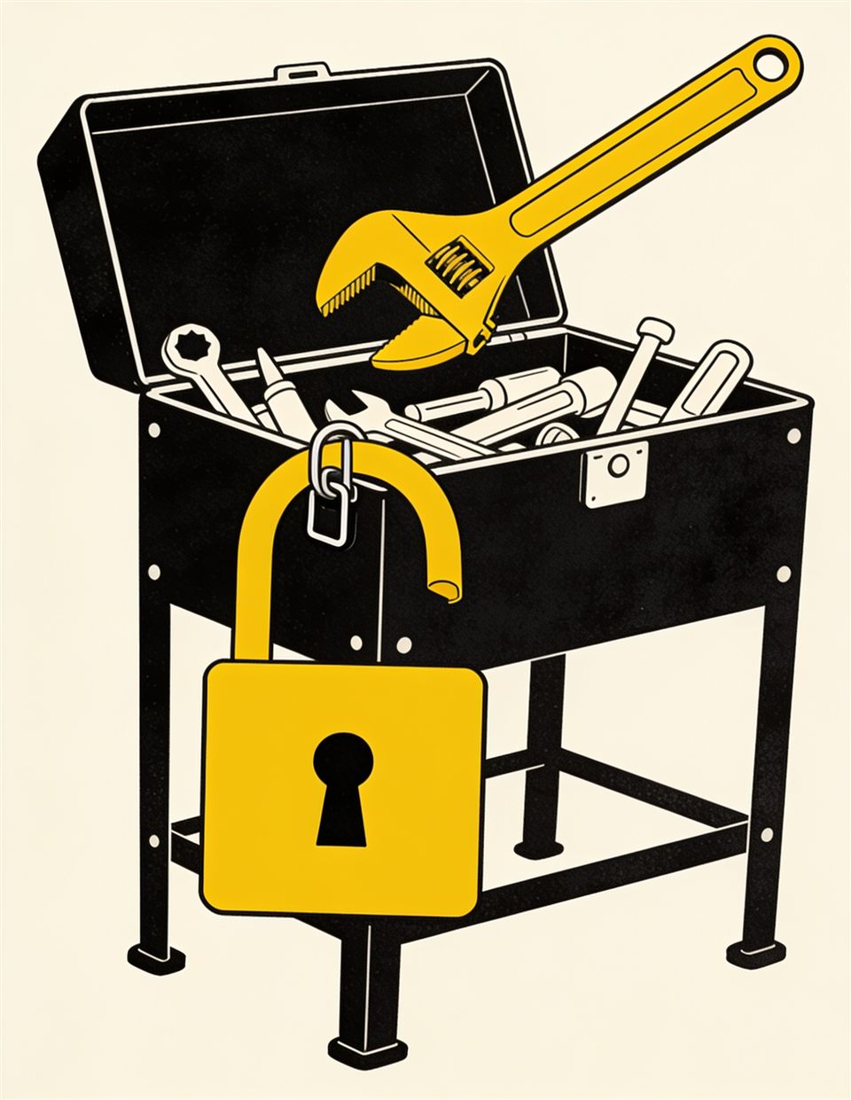 Illustration of an open toolbox with an unlocked padlock on the latch and a yellow pipe wrench floating freely above it