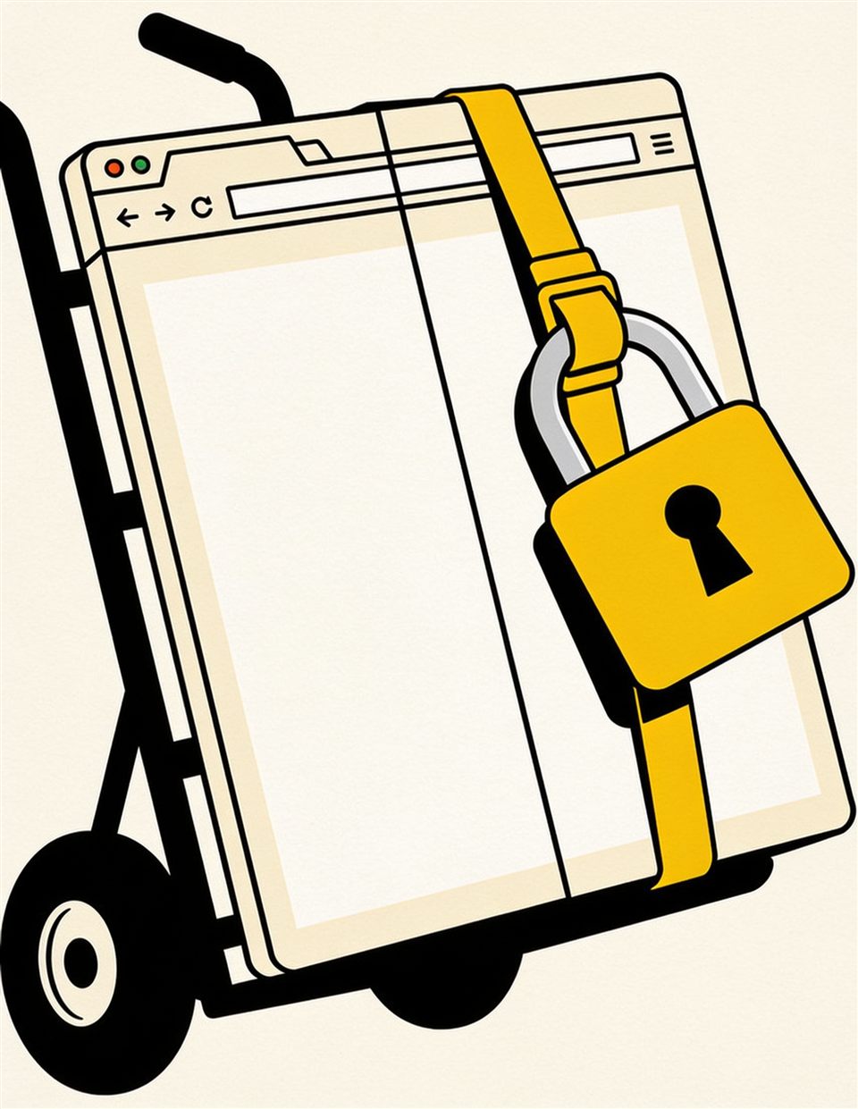 Illustration of a hand truck dolly moving a browser window strapped like a moving box, with a yellow padlock securing the strap