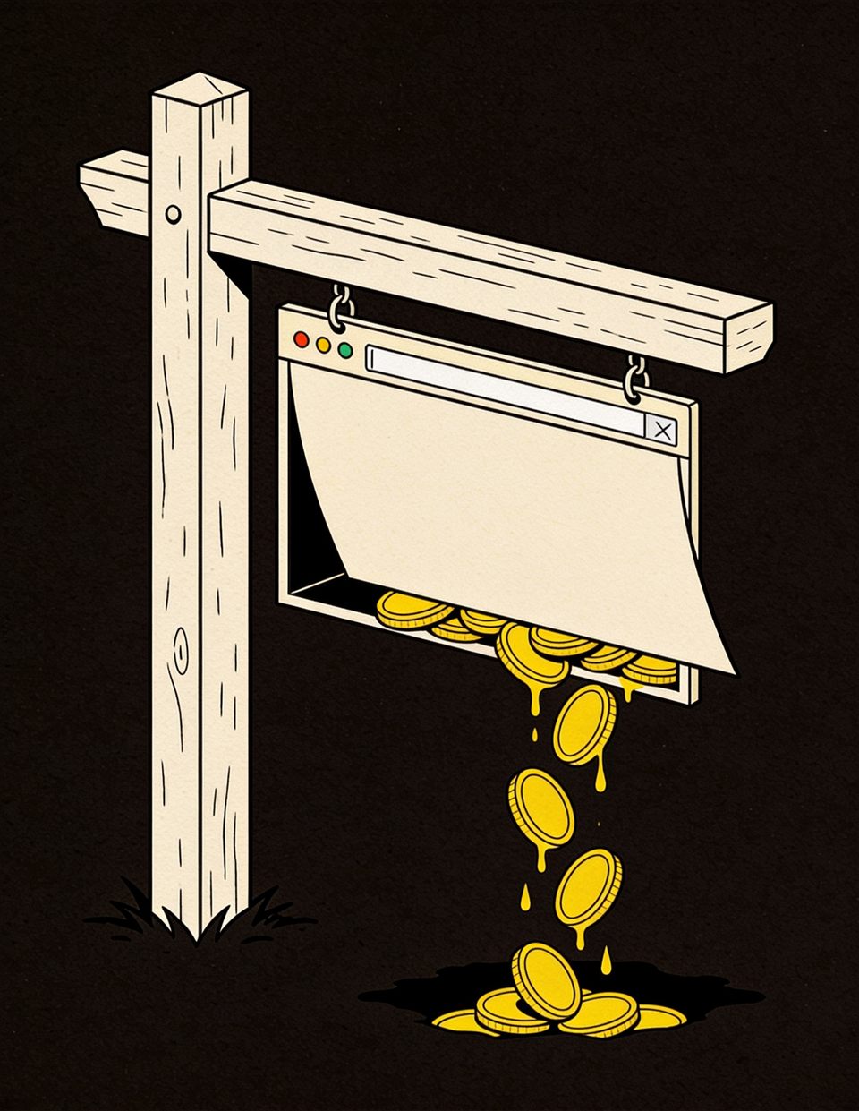 Illustration of a real estate lawn sign whose panel is a browser window dripping coins into the ground