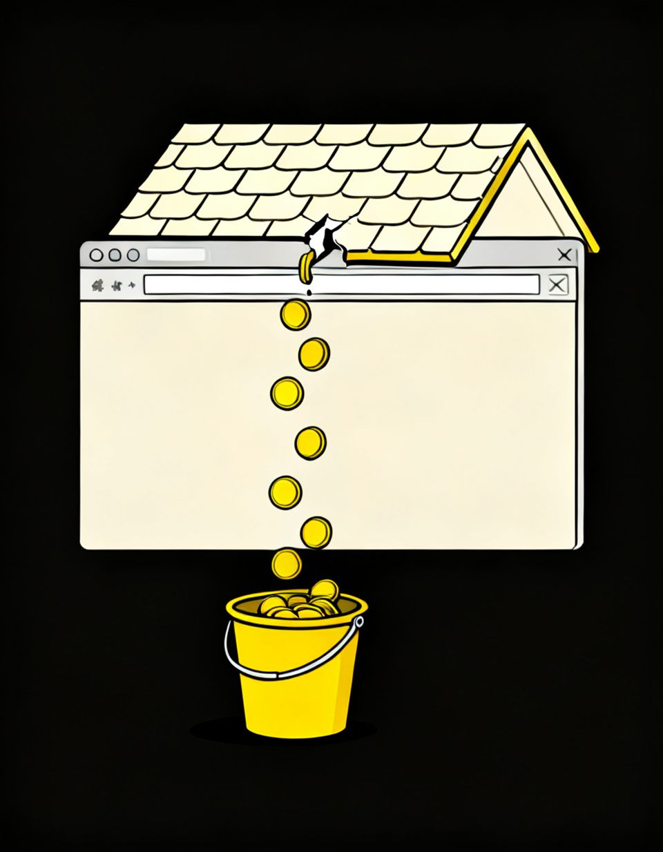 Illustration of a browser window with a shingle roof cracking and dripping yellow coins into a yellow bucket