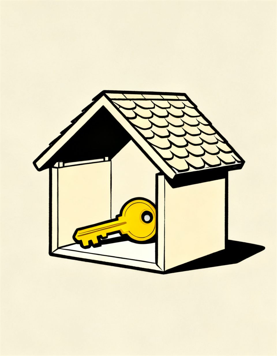 Illustration of a small house with its roof hinged open like a lid revealing a bright yellow key inside