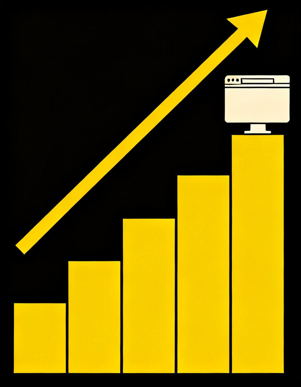 Illustration of a browser window on top of rising yellow bar-chart columns with a yellow up-arrow, rankings climbing