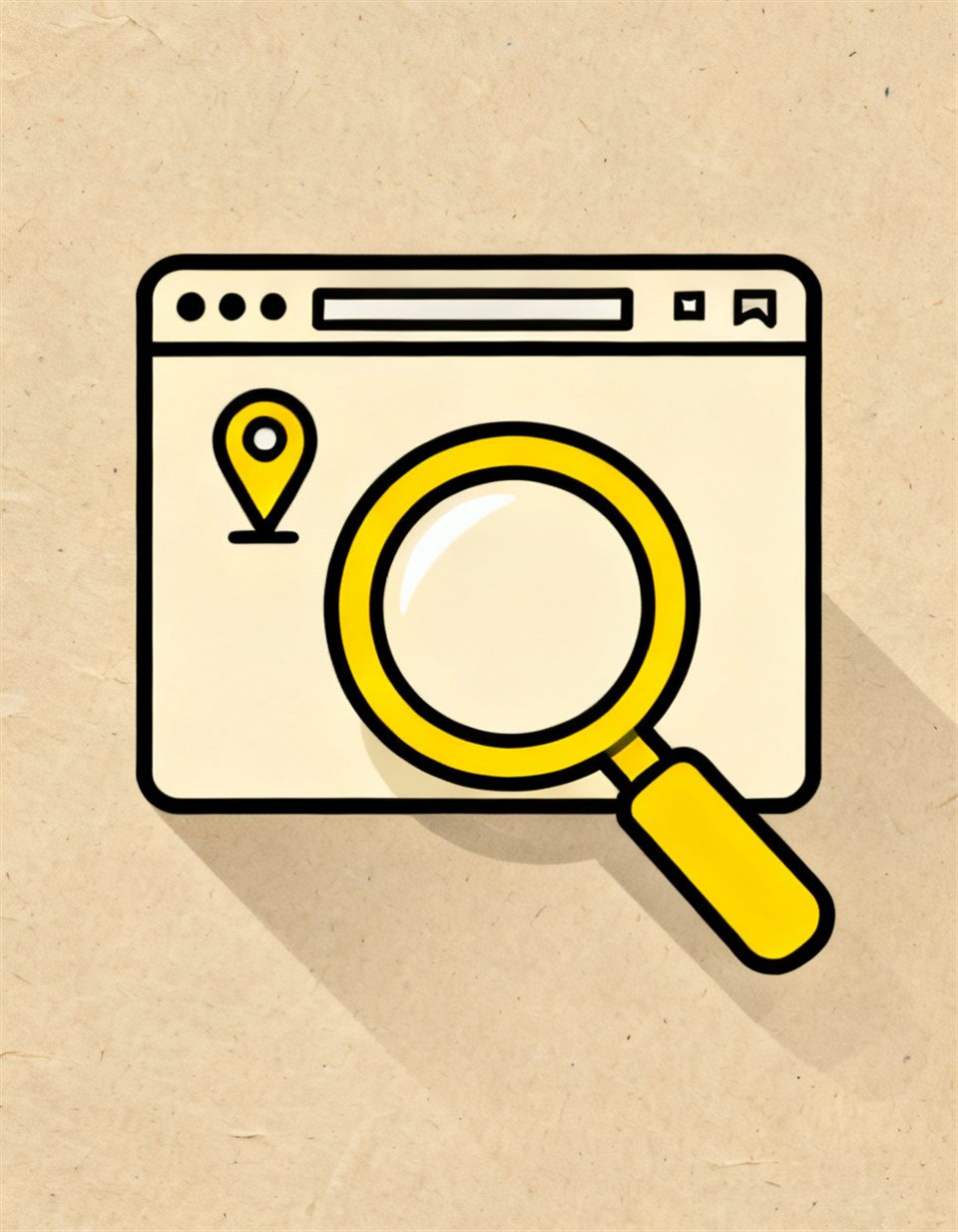Illustration of a browser window with a yellow magnifying glass and a yellow map pin, found in local search