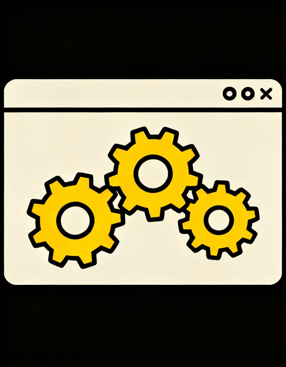 Illustration of a browser window with yellow interlocking gears turning inside it, running on its own