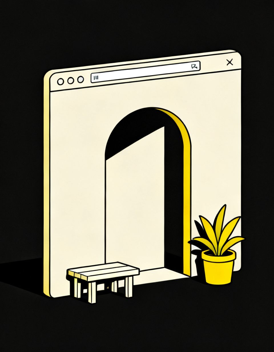 Illustration of a browser window shaped like a calm doorway with a bench and a yellow potted plant in front of it