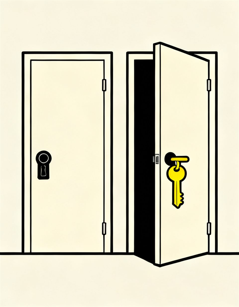 Illustration of a locked closed door beside your own open door with a yellow key in the handle