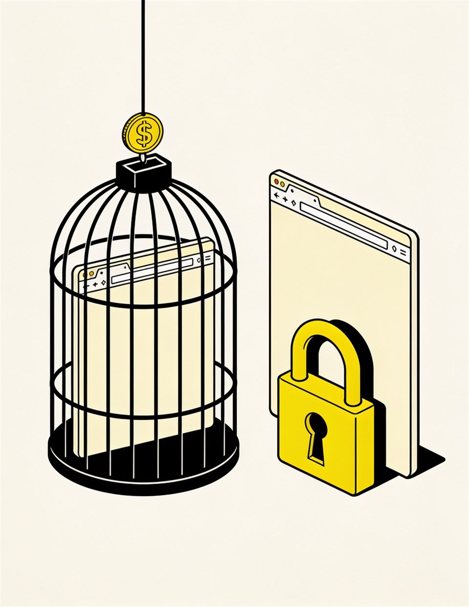 Illustration of a browser window locked inside a coin-operated birdcage, next to a free-standing browser window secured with its own yellow padlock