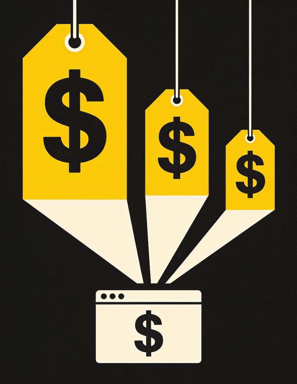 Illustration of three price tags of wildly different sizes all attached to the same small browser window