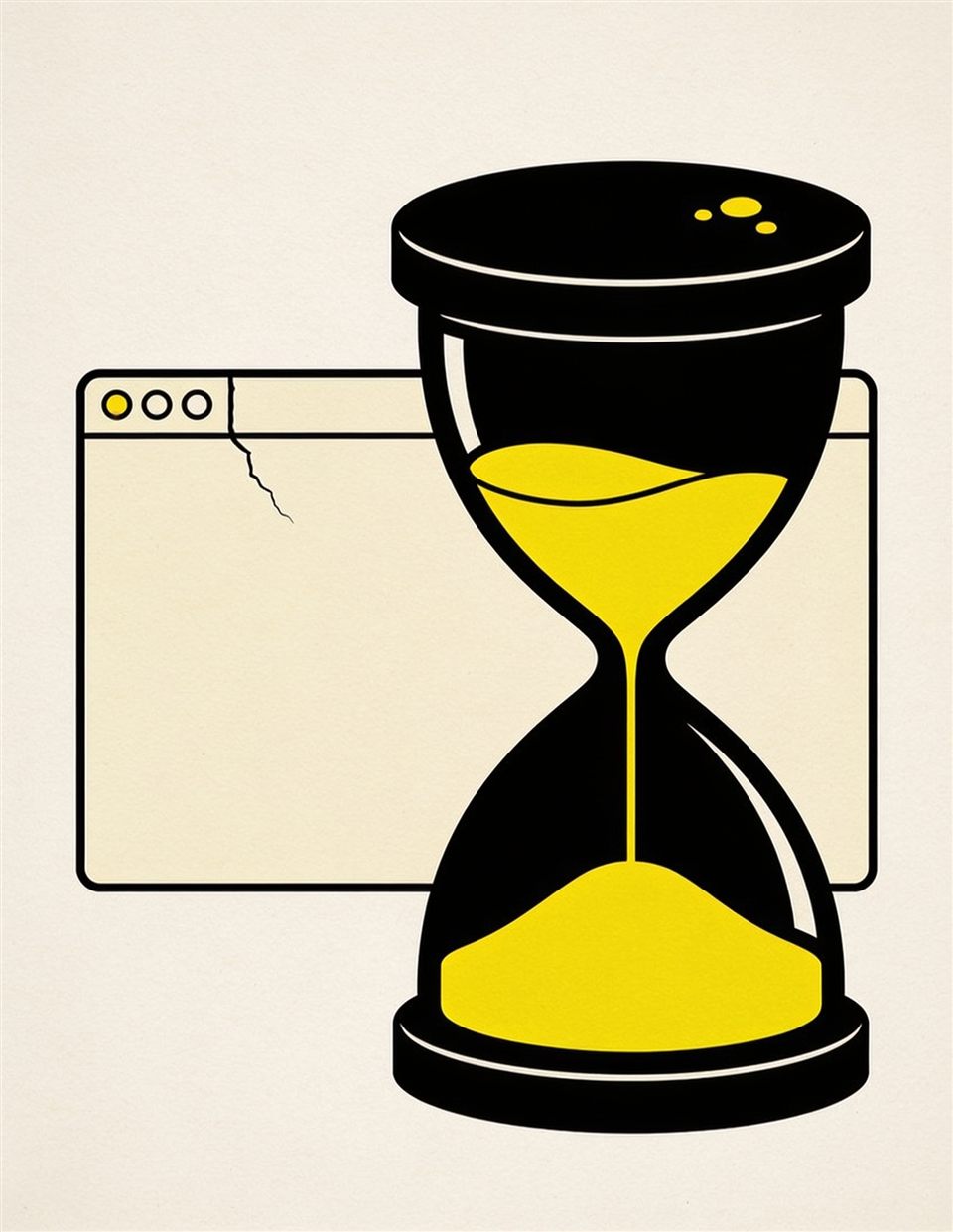 Illustration of a cracked browser window next to a large hourglass whose yellow sand has nearly run out