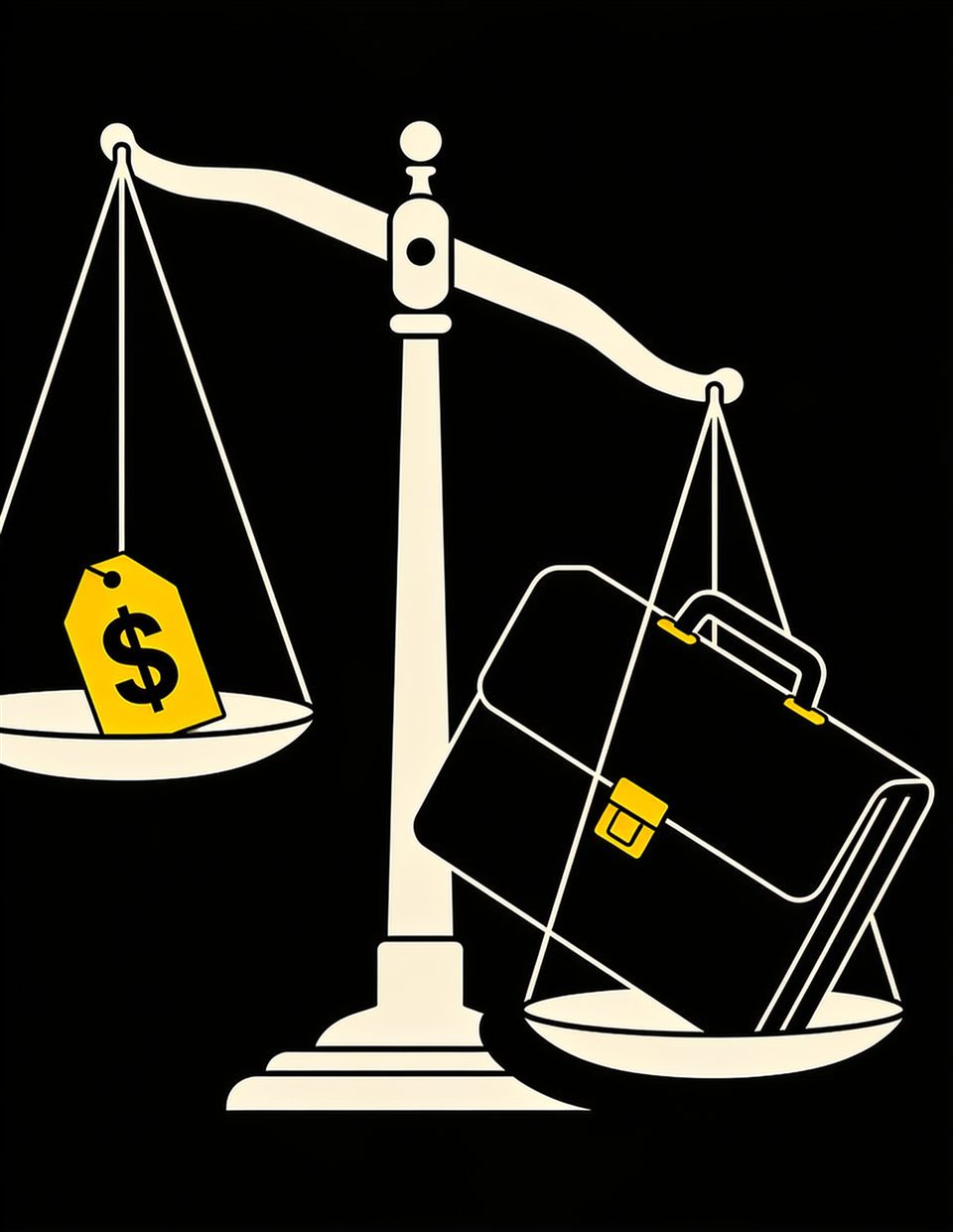 Illustration of a balance scale weighing a small public price tag against a big closed briefcase hiding the real price