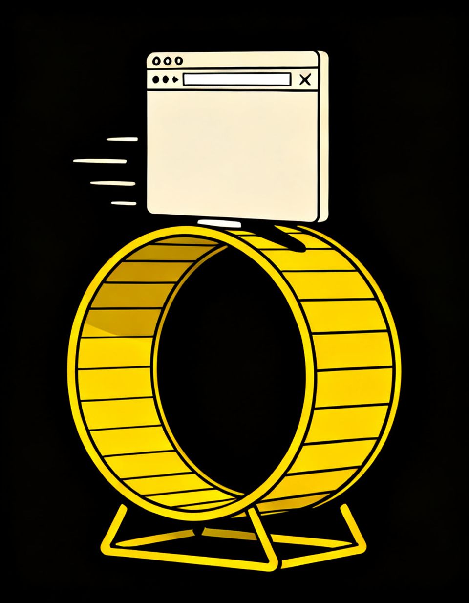 Illustration of a browser window running in place on a yellow hamster wheel, the maintenance treadmill