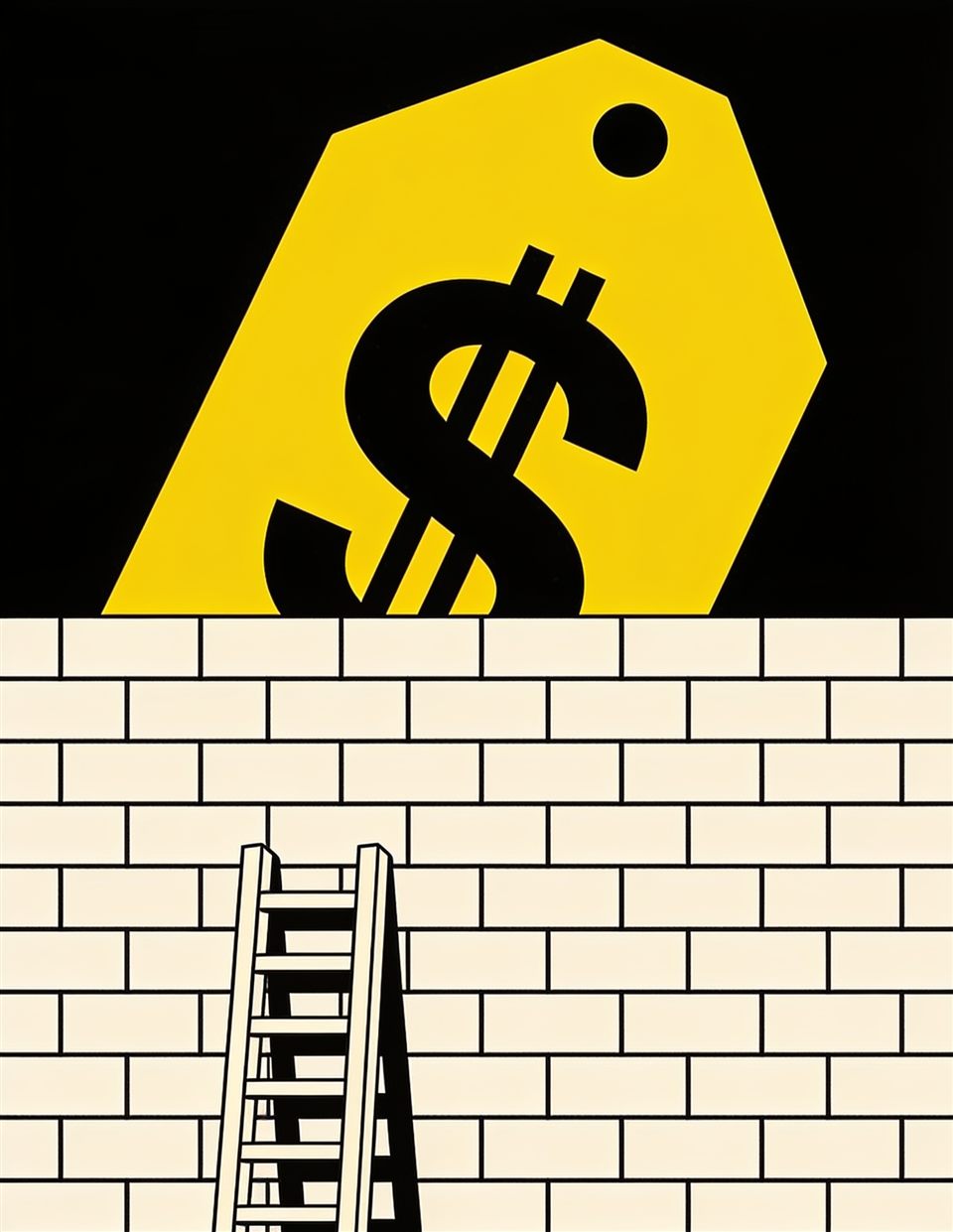 Illustration of a giant price tag hidden behind a tall brick wall with a small ladder leaning against it