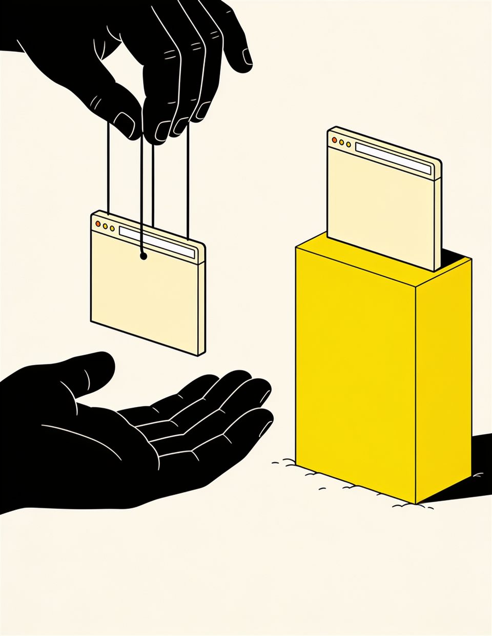 Illustration of a browser window dangling on strings from a giant hand, next to an identical browser window standing on its own solid foundation